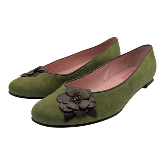 Lilly Pulitzer Olive Green Suede Brown Leather Flower Ballet Flats Women's 8.5 - Picture 1 of 12